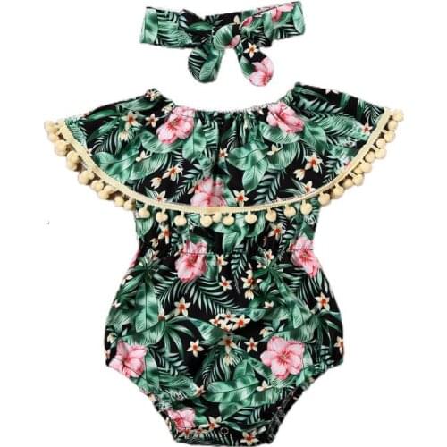 Toddler Romper Baby Girl Clothes Summer Elastic Waist Slim Bodysuits Flower Tassels Jumpsuits Headband Childrens Clothing