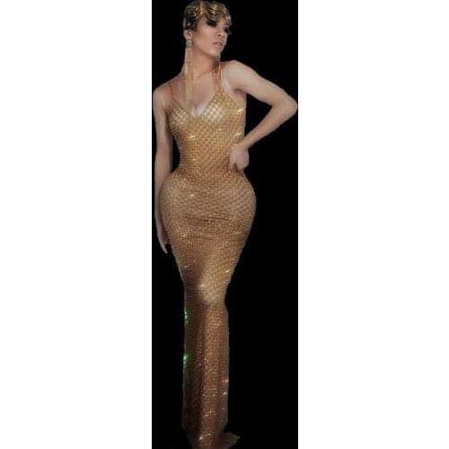Summer Dress Golden Shiny Rhinestone Sleeveless Long Dresses Party Women Evening Sexy Nightclub Womens Clothing Stage Wear DT969