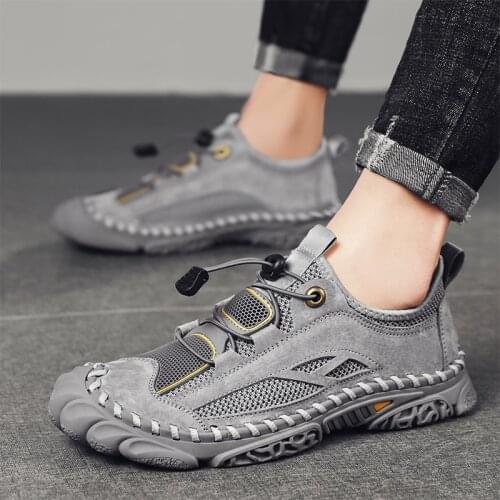 2021 Soft Genuine Leather Male Flat Sandals Summer Breathable Shoes Mesh Sandals For Mens Beach Slippers Hollow Mens Sandals