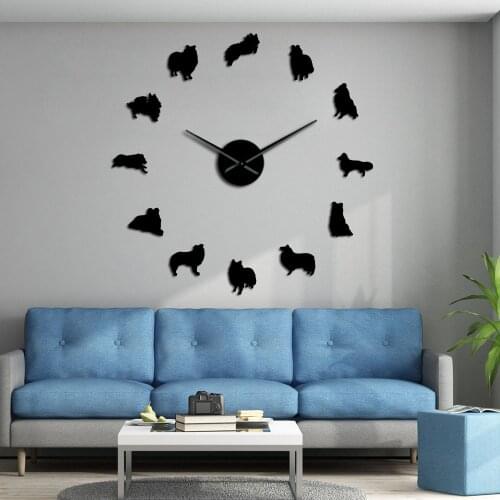 3D Sheltie Collie Dog Breed Wall Art DIY Frameless Giant Wall Clock Sheltie Silent Quartz Watch Shetland Sheepdog Big Timepiece