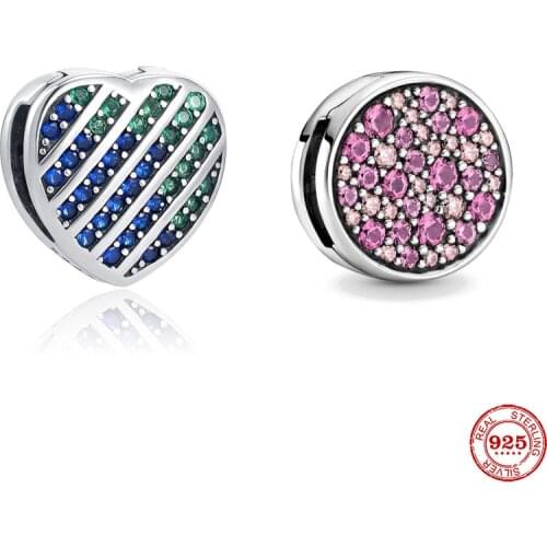 2021 new 925 silver Reflections Clip Beads Heart Blue Green Round Pink Charms Beads Fit Original Pandora Women Bracelet