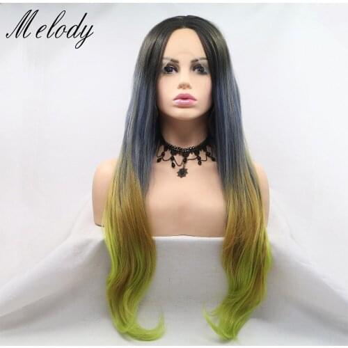 Melody Wigs Long Natural Wave Mixed Green With Dark Roots Color Gray Ombre to Green 13*3 Synthetic Lace Front Wig for Women