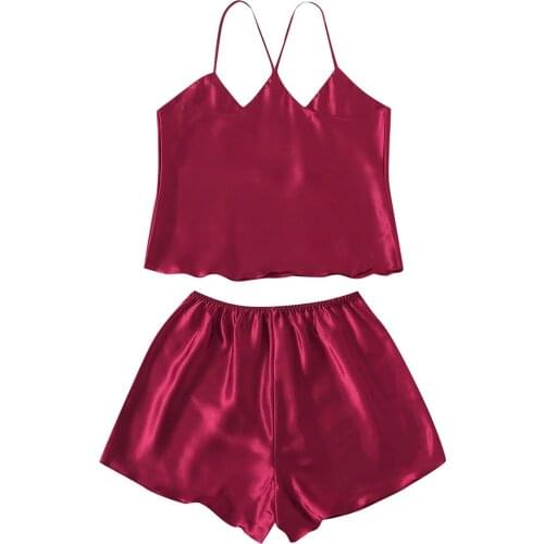 Women Sleep Wear Sexy Lingerie Satin Lace V-neck Camisole Shorts Set Sleepwear Pajamas Women Sexy Clothes Black Solid Color