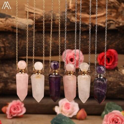 Natural Roses Quartz White Jades Bullet Perfume Bottle Pendant Fashion Women Silvery Gold Chains Essential Oil Necklace Jewelry