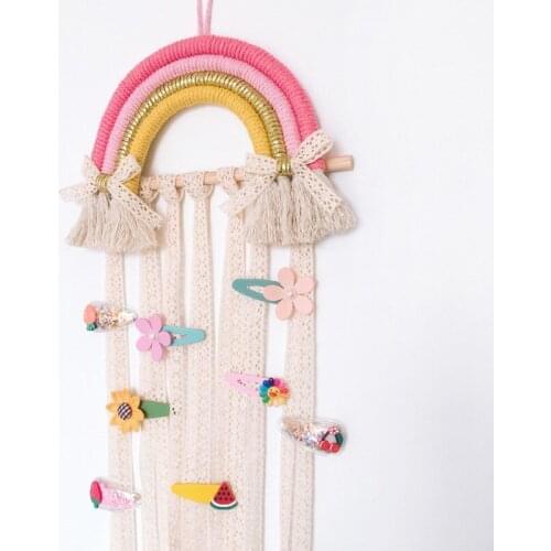 Rainbow Wooden Stick Cotton Rope Wall Hanging Hair Clip Women Baby Hair Bow Holder Storage Girls' Room Decoration Accessories