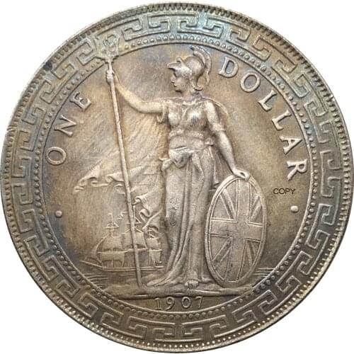 United Kingdom 1 Dollar British Trade Dollar 1907 One Dollar Cupronickel Plated Silver Hong Kong Yi Yuan Copy Coin