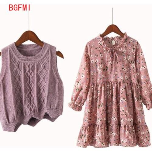 Teenage Girls Printed Chiffon Dress Autumn 2021 New Childrens Clothing Fashion Suit Big Girl Princess Floral Spring Dresses