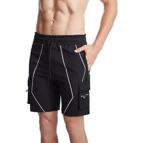 Summer fitness shorts mens leisure sports mens shorts multi zipper pocket leg length reflective shorts mens Capris