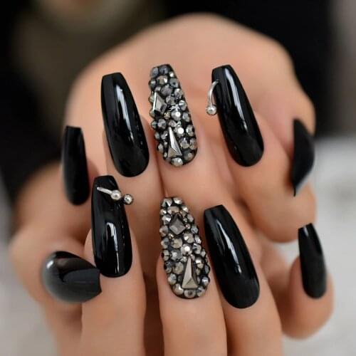 Dark Silver Rhinestones Fake Nails Metal Horseshoes Designed ABS Artificial Ballerina Nail Art Tips Extra Long Coffin Black Nail