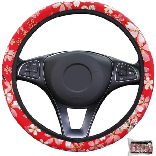 Girl Women Car Steering Wheel Cover Cloth Wrap Cherry Blossoms Woman Girl Lovely For 37-38 CM M Size Steering-wheel Protector