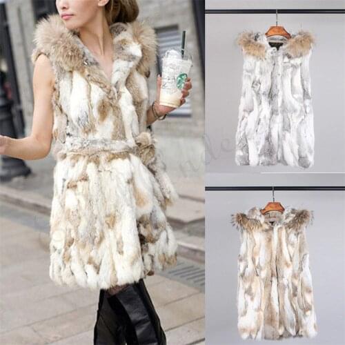 Ethel Anderson Womens Real Rabbit Fur Gilet Waistcoat Fur Hoodie Raccoon Fur Hood Trim Long Waistcoat