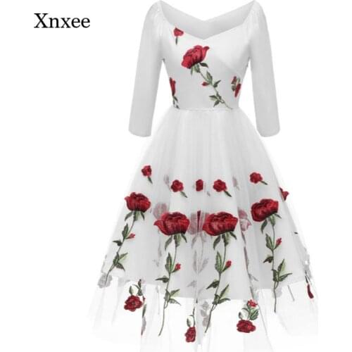Women Flower Embroidery Dress Spring Long Sleeve A-Line Female Long Bodycon Rose Pattern Lace Girl Dress Plus Size Dresses