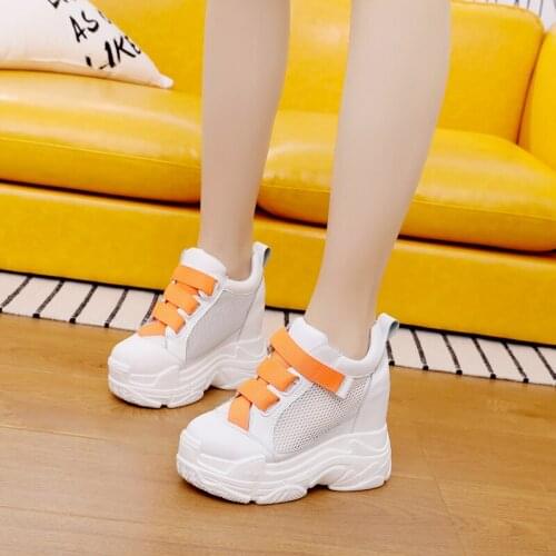 2019 Women Sneakers Mesh Casual Platform Trainers White Shoes 11CM Heels Summer Wedges Breathable Woman Height Increasing Shoes