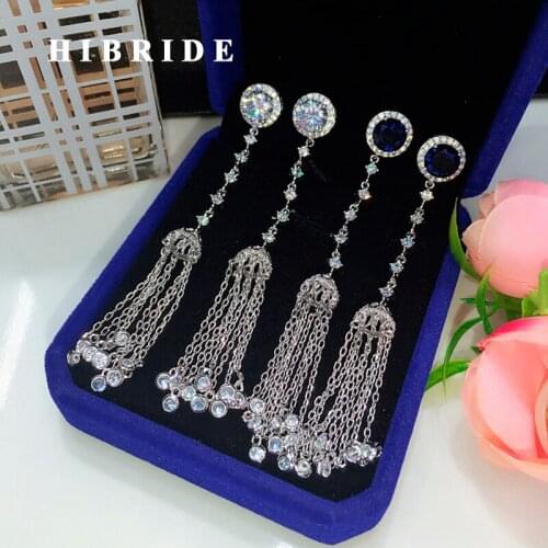 HIBRIDE Luxury Clear Blue Round Cubic Zirconia Women Long Tassel Earring Big Brand Drop Earring Brincos Bijoux Gifts E-549