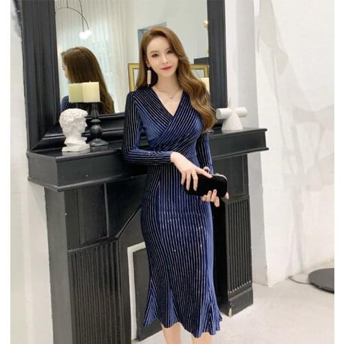 2021 Women Deep V Plunge Mermaid Bodycon Dresses Bright Silk Striped velvet Bandage Dress Long Sleeves High End Classy Vestidos