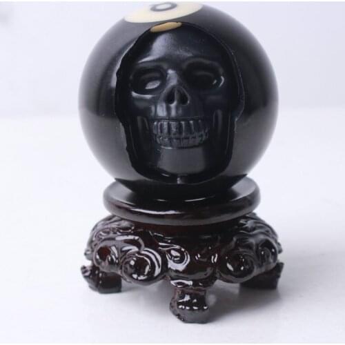1pc Beatiful Carving Black Billiard Ball Skull Face Skeleton Reiki Healing With Stand
