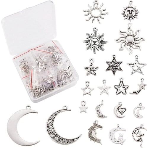 100pcs/box Mixed Shapes Moon Sun Star Tibetan Style Alloy Pendants Charms for Jewelry Making DIY Findings Antique Silver Color
