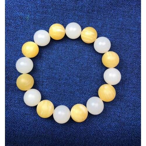 12mm Nature jade grade tridacna golden white Mala Bead Bangle bracelet Gem Giant clam Rare Amulet