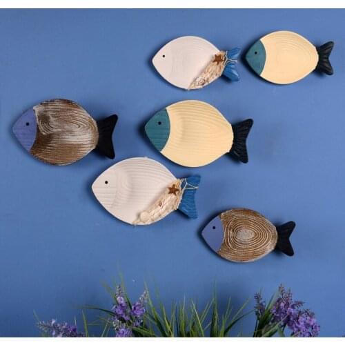 2pcs Fish Wood Wall Decor Mediterranean Style Hanging Ornament Wooden Sculptures Home Decor DIY Living Room Bedroom Decoration
