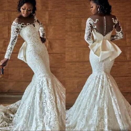 2019 Plus Size African Nigerian Mermaid Wedding Dresses With Back Bow Beading Long Sleeves Chapel Train Bridal Gowns