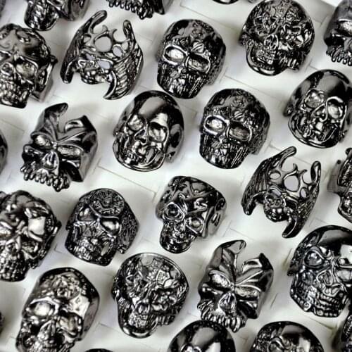 30Pcs Fashion Mens Ring Skull Skeleton Gothic Biker Rings Men Ring Party Favor Wholesale Jewelry Lots Top Quality LR4107