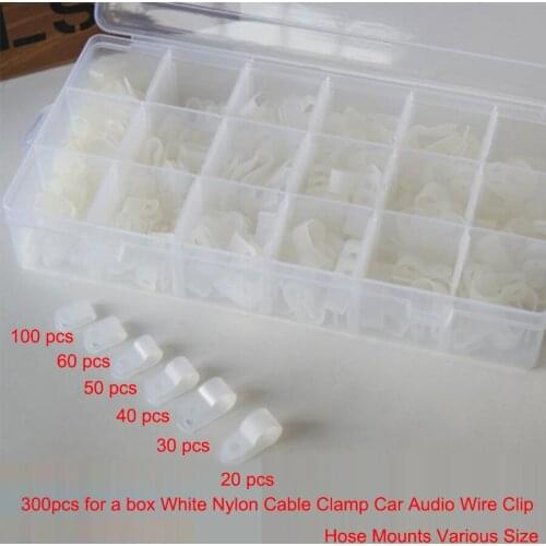 300pcs/Box White Nylon Cable Clamp Car Audio Wire Clip Hose Mounts Various Size