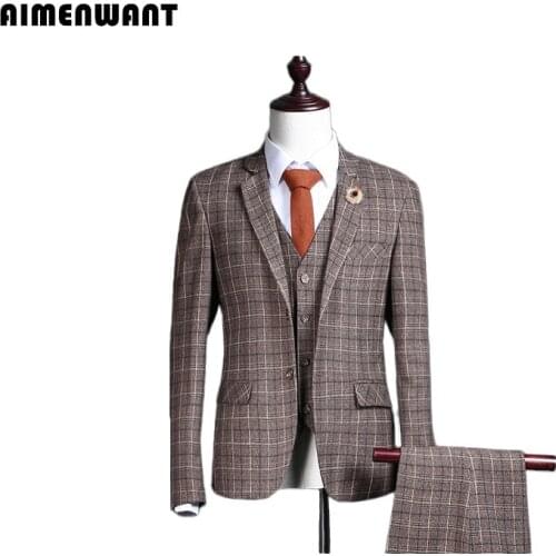 AIMENWANT 2017 Mens Clothing Sets British Slim Tailor Made Grid Designer Suit Businessman Brown Blazer Mens Perform Suits Cheap