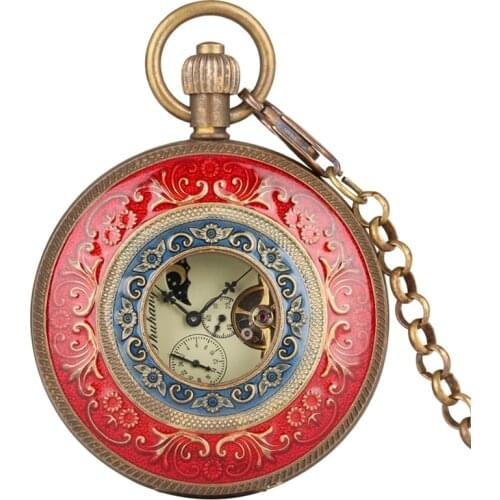 Pure Copper Red and Blue Cover Retro Large Tourbillon Mechanical Pocket Watch Chain Retro Fashion FOB Hand Winding Double Hunter