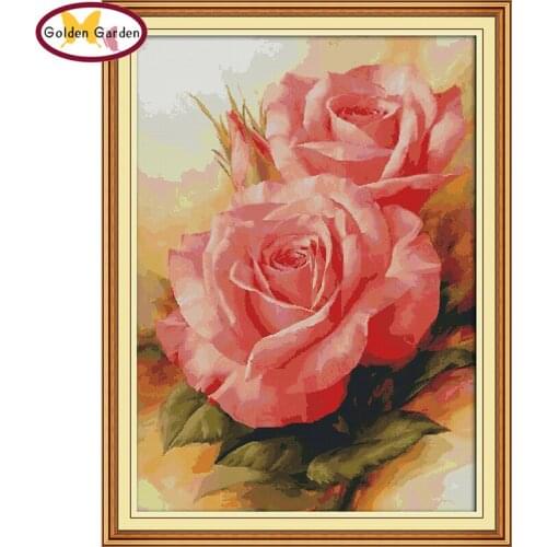 GG Pink Rose Counted Cross Stitch Pattern 11CT 14CT DIY Handcraft Joy Sunday Chinese Cross Stitch Kits for Embroidery Home Decor