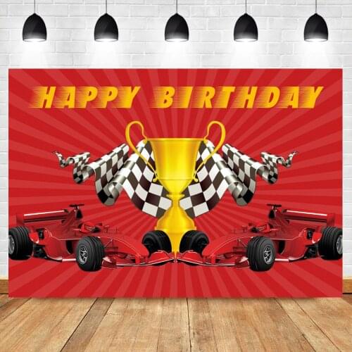 Laeacco Happy Birthday Racing Car Boy Championship Trophy Black White Grid Flags Red Party Photo Backdrop Photography Background
