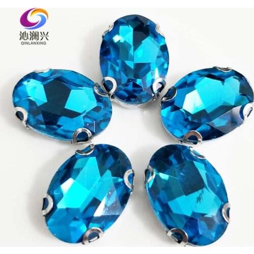 Lake blue oval shape High quality Glass Crystal sew on D shape Anti hook claw rhinestones ,Diy/Clothing accessories SWTD12