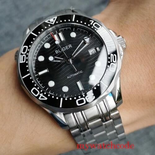 41mm BLIGER Mechanical Automatic Mens Wristwatch NH35 MIYOTA 8215 Movement Mental Strap Sapphire Crystal Date Indicator