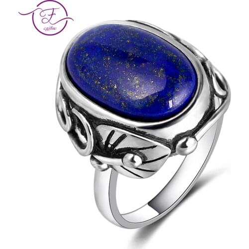 Natural Lapis Lazuli and White ChalcedonyRing Mens and Womens 925 Sterling Silver Jewelry Ring Large Stone 11x17MM Oval Gem
