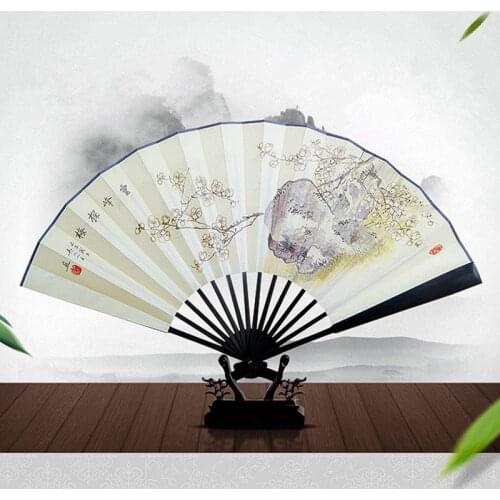 Mens Big Folding Fan Bamboo wood landscape landscape hand fan Outdoor decoration daily necessities Home decoration ornaments