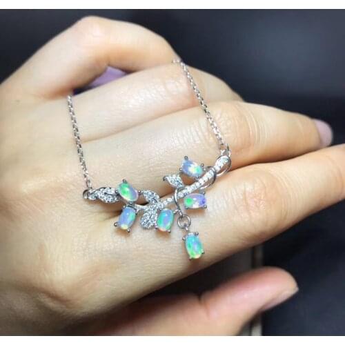Natural Multicolor opal Necklace Natural gemstone Pendant Necklace 925 sliver Elegant branches leaves women girl gift Jewelry