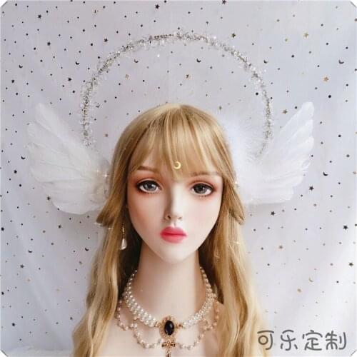 Handmade Angel Feather Wings Crystal KC Crown Headband Lolita Sun Apollo Halo Retro Deity Gorgeous Hair Ornament