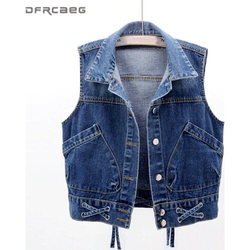 5xl Streetwear Sleeveless Plus Size Short Denim Jacket Women 2020 Summer Slim Denim Gilet Casual Feminina Bandage Jean Waistcoat