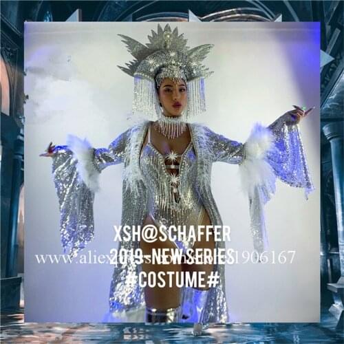Sexy lady silver tassel super flash big cloak ballroom costume with headdress dance team suit female party event evening dress