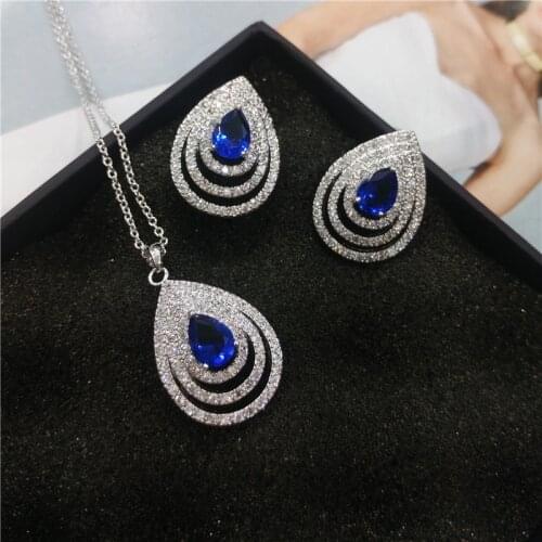 Good Quality Tiny Cubic Zirconia Stone Setting Flower And Pear Drop Dangle Earring With Rose Red Blue Crystal Jewelry Sets