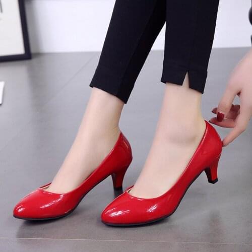 Womens Leather Med Heels New High Quality Shoes Classic Black&White Pumps for Office Ladies White High Heels Red Sexy Heels