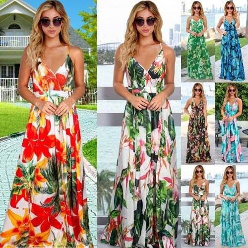 Vintage Women Summer Beach Boho Clothing Maxi Dress Ladies Floral Open Back Dress V Neck Sukienka A Line Dress Spaghetti Straps