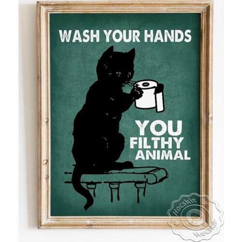 Restroom Vintage Art Poster, Animal Cartoon Portrait Canvas Painting, Black Cat Lovers Art Prints, Wash Hands Sign Wall Decor