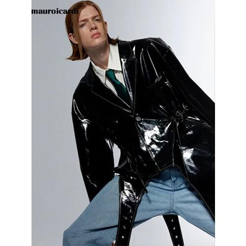 Mauroicardi High quality fashion reflective patent leather jacket men 2021 Waterproof oversized faux leather jackets for men