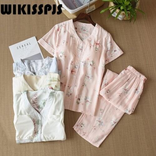 WIKISSPJS Short Sleeve Trousers Summer Thin Cotton Silk with Bra Pajamas Women Pajamas Sleep Tops Two Piece Set Summer