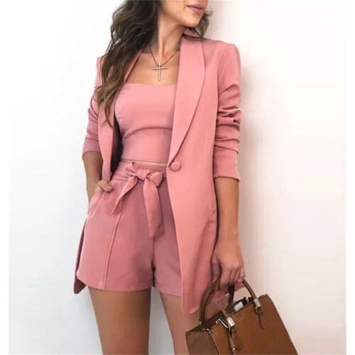 Womens 2021 Solid Color Vest Suit Jacket Fashion Temperament High Waist Shorts Three-piece Home Suit Fall Clothes For Women