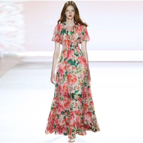 Runway Womens Summer Long Dress Chiffon 2021 Sicilian Rosy V Neck Elastic Waist Layers Ruffles Floor-length Maxi Dresses
