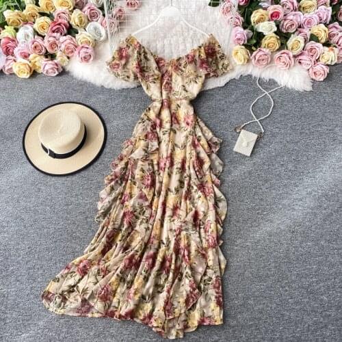 Womens Spring Summer Runway Fashion Short Sleeve V Neck Chiffon Print Dress Female High Waist Chic Travel Beach Dress TB1979