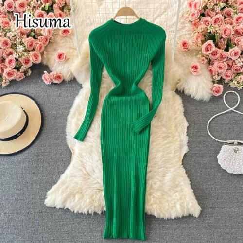 2021 autumn new womens chic o-neck long sleeve bright silk knitted sheath dresses female retro slim sweater dress