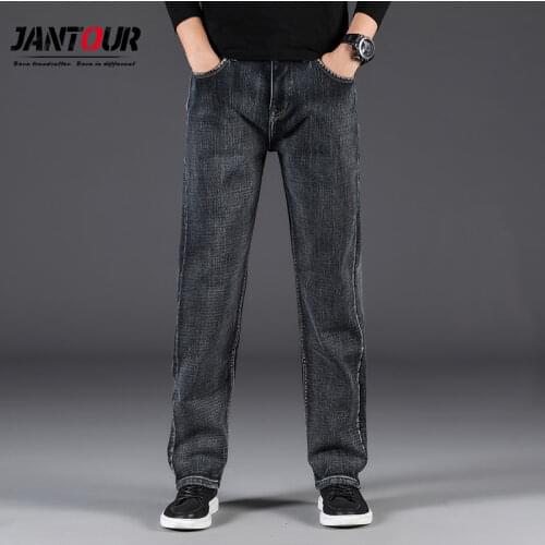 Winter Men Jeans Thicken Warm Fleece Business Casual Stretch Denim Retro Classic Loose Fashion Gray Pants big size 30-40 44
