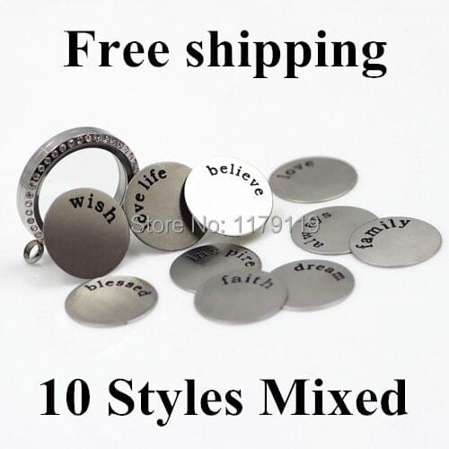 Fashion 100pcs 10 Words Mixed Stainless Steel Floating lockets charms plates Silver charm fit Glass lockets Wholesale